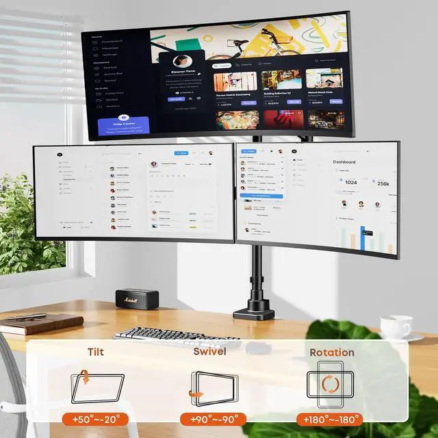 Alt view image 5 of 7 - PUTORSEN Triple Monitor Mount for 17-49-inch Screens - Heavy Duty Triple Monitor Arm Desk Mount for Ultrawide Monitors, Fully Adjustment, Max Load 20KG per Screen, VESA 75x75 / 100x100 mm