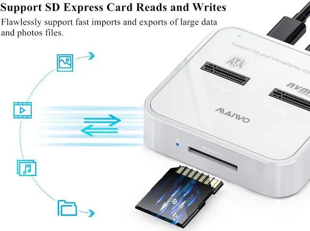 Alt view image 3 of 7 - MAIWO K3016SD NVMe SATA SD 3 Bay SSD Docking Station, 10Gbps M.2 SSD Enclosure Reader Adapter, Compatible SD Express/M.2 NVMe SATA SSD, USB Type C Data Transfer Speed up to 10Gbps