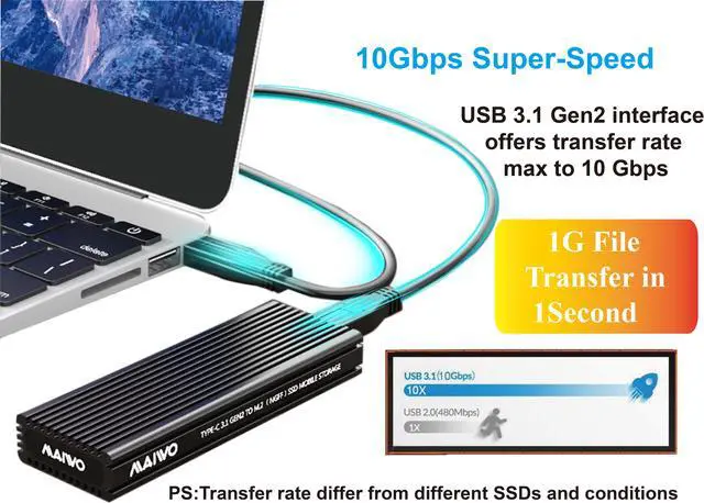 Alt view image 2 of 7 - MAIWO M.2 SATA and NVMe Combo  SSD Enclosure with Aluminum Heat Sink Shell, USB3.2 Gen2 Type C 10Gbps. Fits B+M key and M-key M.2 2242,2260,2280,Type C to A and Type C to C Cable Included