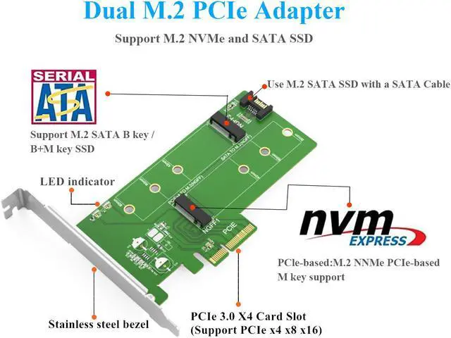 Alt view image 2 of 7 - MAIWO KT015 dual M.2 PCIE Adapter for SATA or PCIE NVMe SSD with Advanced Heat Sink Solution,M.2 SSD NVME(M key) and SATA (B-key/B+M key) 2280 2260 2242 to PCI-e 3.0 x 4 Host Controller Expansion Card