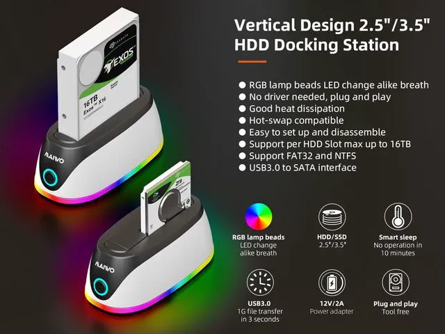 Alt view image 2 of 7 - MAIWO RGB Gaming Design SATA 3.0 to USB 3.0 Docking Station Dock External Enclosure Adapter for 2.5"/3.5" SATA HDD SSD, super speed to 5Gbps, support HDD to 16TB
