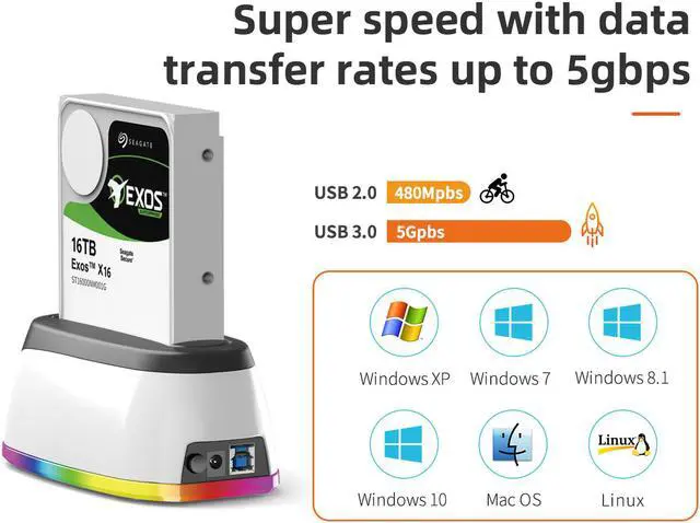 Alt view image 4 of 7 - MAIWO RGB Gaming Design SATA 3.0 to USB 3.0 Docking Station Dock External Enclosure Adapter for 2.5"/3.5" SATA HDD SSD, super speed to 5Gbps, support HDD to 16TB