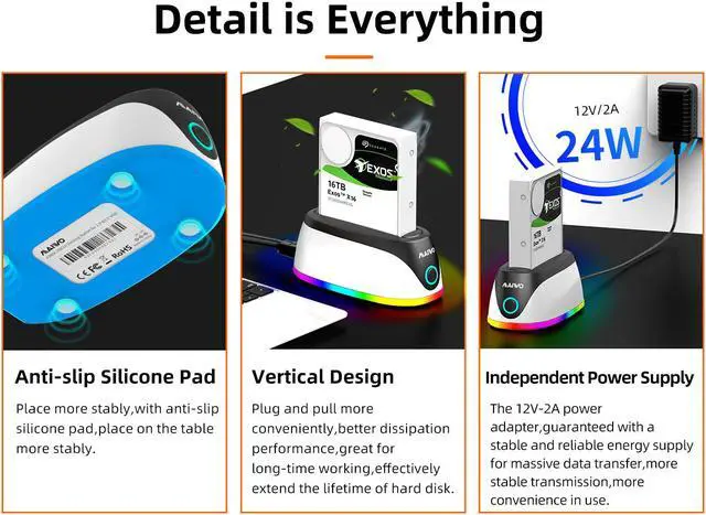Alt view image 7 of 7 - MAIWO RGB Gaming Design SATA 3.0 to USB 3.0 Docking Station Dock External Enclosure Adapter for 2.5"/3.5" SATA HDD SSD, super speed to 5Gbps, support HDD to 16TB