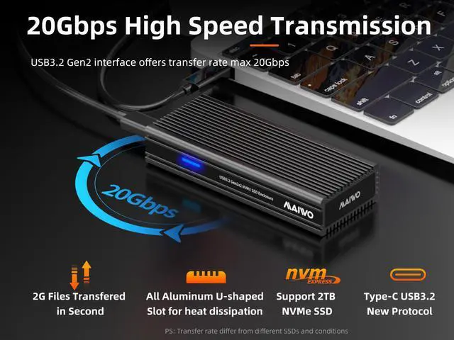 Alt view image 3 of 7 - MAIWO M.2 NVMe SSD Enclosure, USB 3.2 Gen 2 (20 Gbps) to NVMe PCI-E M.2 SSD, Support UASP for NVMe SSD Size 2230/2242/2260/2280(up to 2TB), Type-C to NVME PCI-E M-Key Aluminum External Case Reader