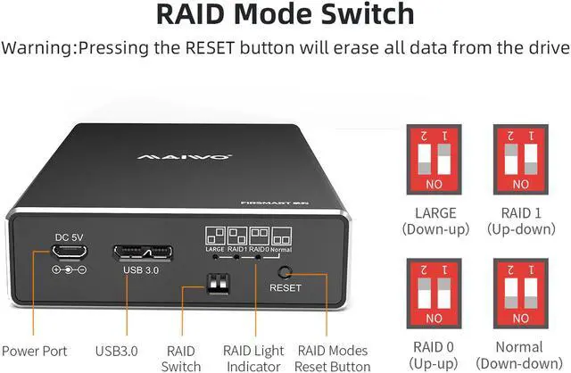 Alt view image 3 of 7 - MAIWO 2 Bay 2.5-inch USB 3.0  (5Gbps) RAID Enclosure Support RAID 0/1 RAID Mode SATA Hard Drive RAID Storage Case (Diskless)