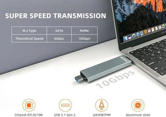 Alt view image 3 of 7 - MAIWO M.2 NVMe & SATA Drive Enclosure USB C 3.2 Gen2 10Gbps to USB A SSD Reader, Thunderbolt 3 Compatible, for M.2 SATA&NVMe SSD M-key and B+M Key