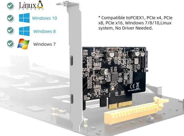 Alt view image 5 of 7 - MAIWO PCIe Gen3 x2 Card, PCIe USB 3.2 / 3.1- to 2-Port Type C HUB Internal Expansion Card Controller Adapter PCI Express Card Desktop PC Support Multiple INs