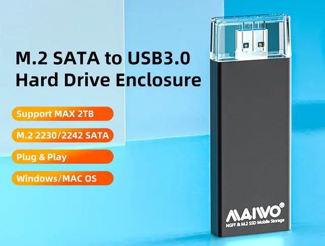 Alt view image 2 of 7 - MAIWO Pocketable USB to B+M key SATA M.2 SSD Enclosure with Aluminum Case, Transfer Rate up to 5Gbps, support M.2 2230/2242