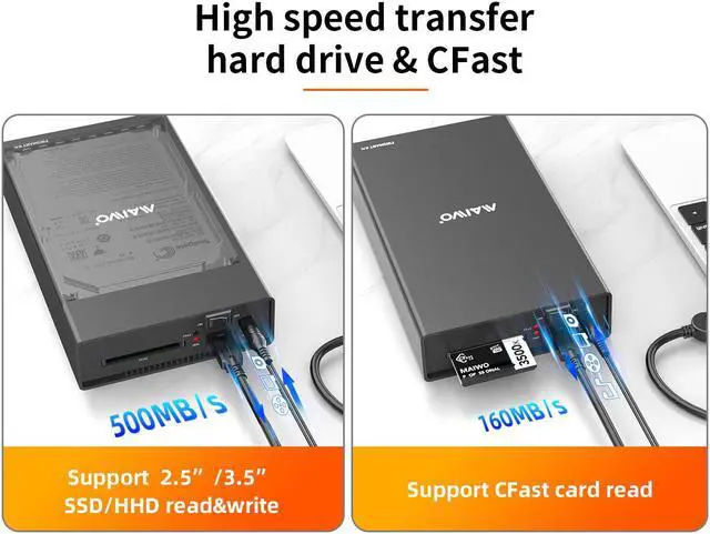 Alt view image 3 of 7 - MAIWO Aluminum Type C USB3.1 GEN1 2.5"/3.5'' SATA HDD /SSD External Hard Drive Enclosure Case with CFast Card Reader