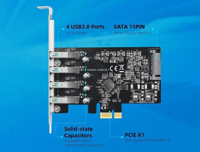 Alt view image 4 of 7 - MAIWO 4-Port pcie to USB 3.0 (Type-A) Expansion Card, pcie USB Add on Card, Internal USB3 Hub Converter for Desktop PC Host Card Support Windows 10/8/7/XP and MAC OS 10.8.2 Above