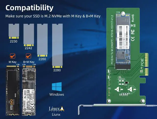 Alt view image 5 of 7 - MAIWO M.2 NVMe PCIex4 Adapter, PCI-E PCI Express Converter Expansion Card, support M-key NVMe SSD :2242,2260,2280 ,with full profile and low profile bracket