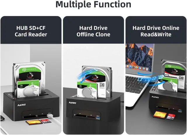 Alt view image 3 of 7 - MAIWO USB 3.0 to SATA Dual Bay External Hard Drive Docking Station for 2.5 or 3.5 inch HDD/SSD with Hard Drive Duplicator/Cloner /CF&SD Card Reader Function Support 16TB