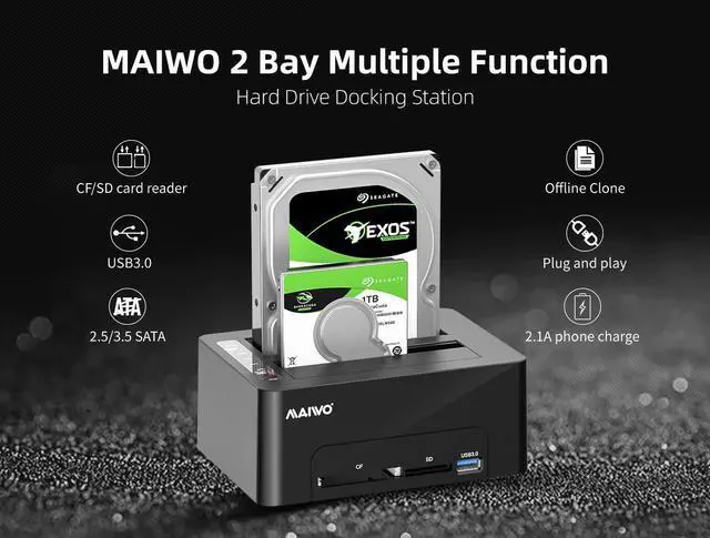 Alt view image 2 of 7 - MAIWO USB 3.0 to SATA Dual Bay External Hard Drive Docking Station for 2.5 or 3.5 inch HDD/SSD with Hard Drive Duplicator/Cloner /CF&SD Card Reader Function Support 16TB