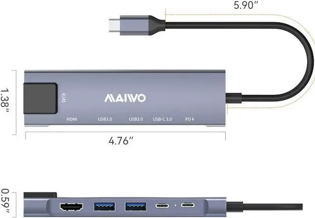 Alt view image 7 of 7 - MAIWO USB C Hub 6-in-1 Type C Adapter Mini Docking Station Aluminum with 100W Laptop Power Delivery, RJ45 1000Mbps, 4K 30Hz HD, 2 USB 3.0 Up to 5Gbps For Windows Mac and More, Plug & Play