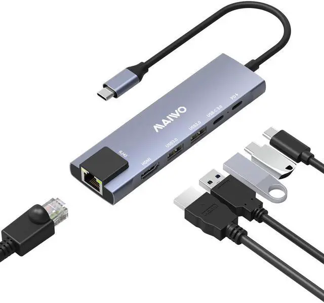 Main image of MAIWO USB C Hub 6-in-1 Type C Adapter Mini Docking Station Aluminum with 100W Laptop Power Delivery, RJ45 1000Mbps, 4K 30Hz HD, 2 USB 3.0 Up to 5Gbps For Windows Mac and More, Plug & Play