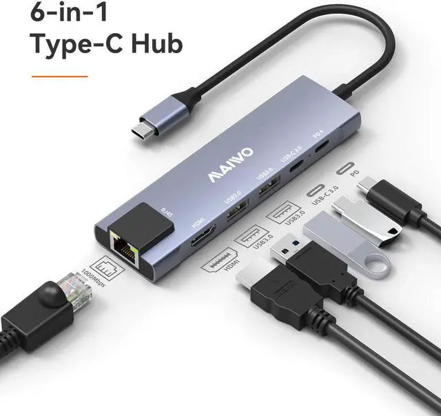 Alt view image 2 of 7 - MAIWO USB C Hub 6-in-1 Type C Adapter Mini Docking Station Aluminum with 100W Laptop Power Delivery, RJ45 1000Mbps, 4K 30Hz HD, 2 USB 3.0 Up to 5Gbps For Windows Mac and More, Plug & Play