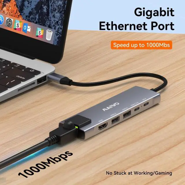 Alt view image 6 of 7 - MAIWO USB C Hub 6-in-1 Type C Adapter Mini Docking Station Aluminum with 100W Laptop Power Delivery, RJ45 1000Mbps, 4K 30Hz HD, 2 USB 3.0 Up to 5Gbps For Windows Mac and More, Plug & Play