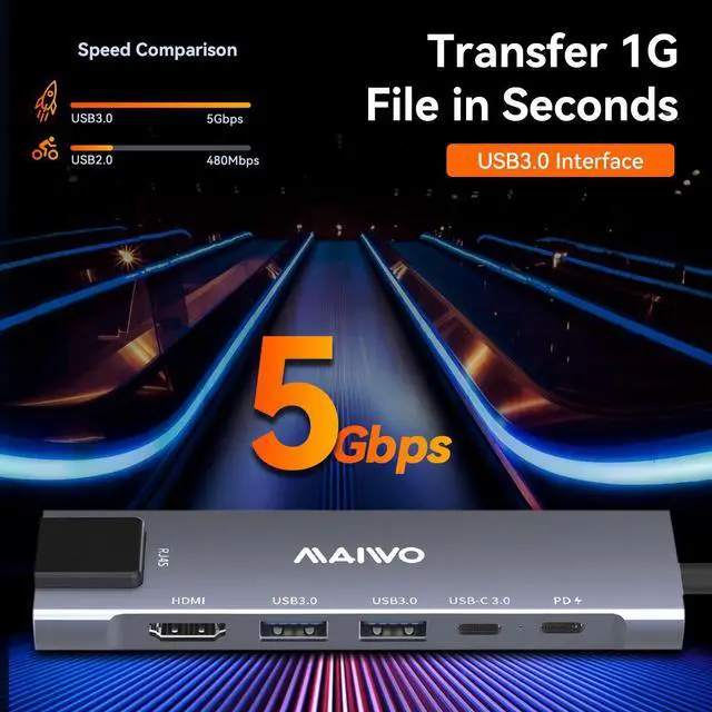 Alt view image 3 of 7 - MAIWO USB C Hub 6-in-1 Type C Adapter Mini Docking Station Aluminum with 100W Laptop Power Delivery, RJ45 1000Mbps, 4K 30Hz HD, 2 USB 3.0 Up to 5Gbps For Windows Mac and More, Plug & Play