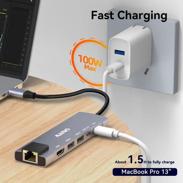 Alt view image 5 of 7 - MAIWO USB C Hub 6-in-1 Type C Adapter Mini Docking Station Aluminum with 100W Laptop Power Delivery, RJ45 1000Mbps, 4K 30Hz HD, 2 USB 3.0 Up to 5Gbps For Windows Mac and More, Plug & Play