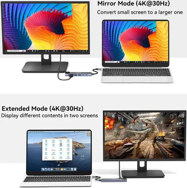 Alt view image 4 of 7 - MAIWO USB C Hub 6-in-1 Type C Adapter Mini Docking Station Aluminum with 100W Laptop Power Delivery, RJ45 1000Mbps, 4K 30Hz HD, 2 USB 3.0 Up to 5Gbps For Windows Mac and More, Plug & Play