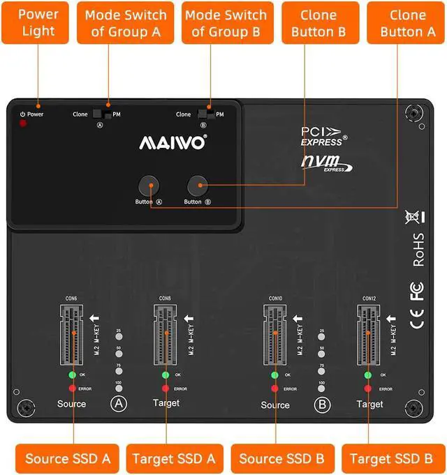 Alt view image 3 of 7 - MAIWO 4 Bay M.2 NVME SSD Docking Station External Hard Drive Enclosure, USB 3.1 GEN2 Type-C 10Gbps, Two Group Offline Clone Duplicator and System Copy Function, Support Each Disk Up tp 2TB