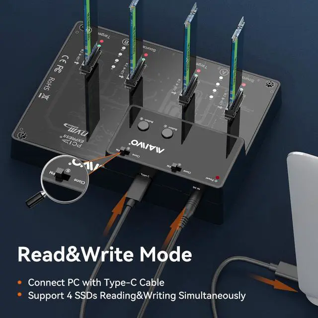Alt view image 5 of 7 - MAIWO 4 Bay M.2 NVME SSD Docking Station External Hard Drive Enclosure, USB 3.1 GEN2 Type-C 10Gbps, Two Group Offline Clone Duplicator and System Copy Function, Support Each Disk Up tp 2TB