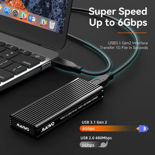 Alt view image 3 of 7 - MAIWO Aluminum M.2 SATA SSD Enclosure Reader USB 3.1 Gen 2(6Gbps) Type-C External SSD Adapter Support UASP Trim for M2 SATA NGFF 2242/2260/2280 SSD with B Key/B+M Key (for M.2 SATA SSD only)