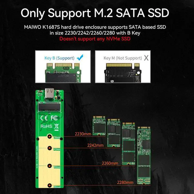 Alt view image 2 of 7 - MAIWO Aluminum M.2 SATA SSD Enclosure Reader USB 3.1 Gen 2(6Gbps) Type-C External SSD Adapter Support UASP Trim for M2 SATA NGFF 2242/2260/2280 SSD with B Key/B+M Key (for M.2 SATA SSD only)