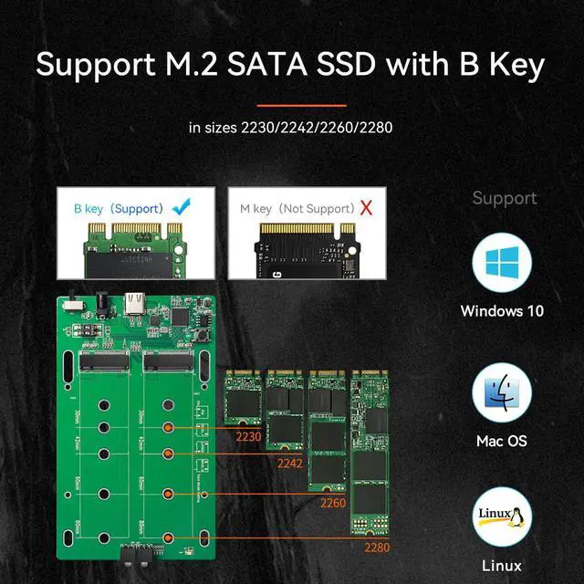 Alt view image 3 of 7 - MAIWO Dual Bay USB Type C to B-Key/B+M Key SATA M.2 SSD Hard Drive Enclosure Aluminum 
 Raid Case with RAID0/1/JBOD to speed 10Gbps