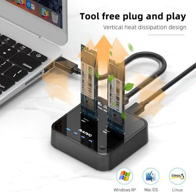 Alt view image 6 of 7 - MAIWO M.2 Duplicator Cloner Dual-bay Offline NVMe Docking Station USB C to NVMe SSD Enclosure Aluminum M.2 Dock for PCIe M Key and M&B Key 2230/2242/2260/2280/22110mm Max 8TB 10Gbps