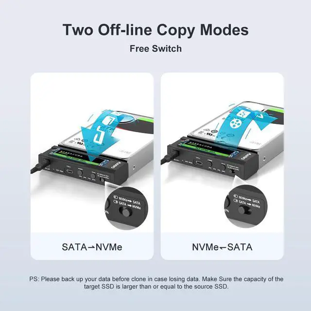 Alt view image 5 of 14 - MAIWO Dual Bay USB Type C Hard Drive Enclosure HDD / SSD Duplicator for 2.5/3.5 Inch SATA Hard Drive and M.2 NVMe SSD, Support Offline Clone and Transmission Speed Up to 10Gbps, w/ 12V/3A Power Adapte
