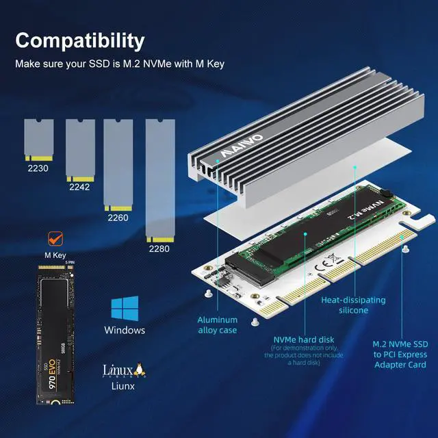 Alt view image 3 of 7 - MAIWO KT058 M.2 NVME SSD Adapter Expansion Card, NVMe to PCIe X4 X8 X16 Converter Card with Aluminum Heat Sink, LED Indicator,Support PCIe3.0/PCIe4.0/PCIe5.0