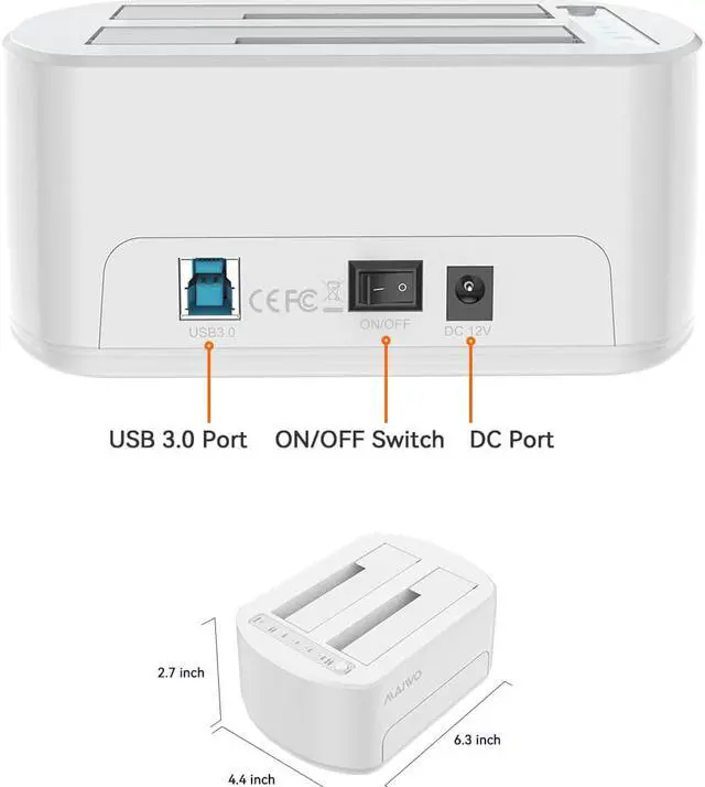 Alt view image 7 of 7 - MAIWO White Dual Bay USB 3.0 to SATA I/II/III External Hard Drive Docking Station Hard Disk Dock for 2.5 or 3.5in HDD, SSD with Hard Drive Duplicator/Cloner Function