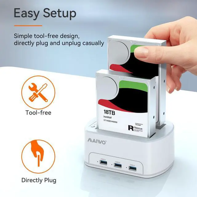 Alt view image 6 of 7 - MAIWO Dual Bay Hard Drive Docking Station USB 3.0 Adapter Dock Offline Cloner Duplicator for 2.5/3.5 inch SATA HDD/SSD, with 3 USB3.0 Ports Hub, support 36TB capacity