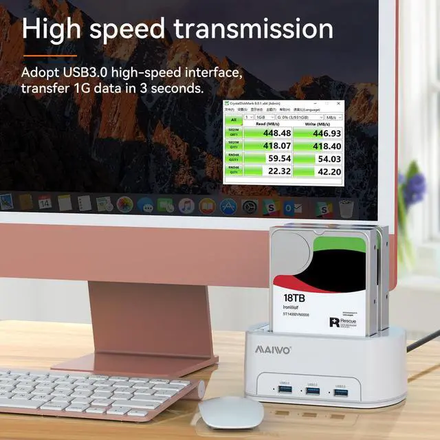 Alt view image 4 of 7 - MAIWO Dual Bay Hard Drive Docking Station USB 3.0 Adapter Dock Offline Cloner Duplicator for 2.5/3.5 inch SATA HDD/SSD, with 3 USB3.0 Ports Hub, support 36TB capacity