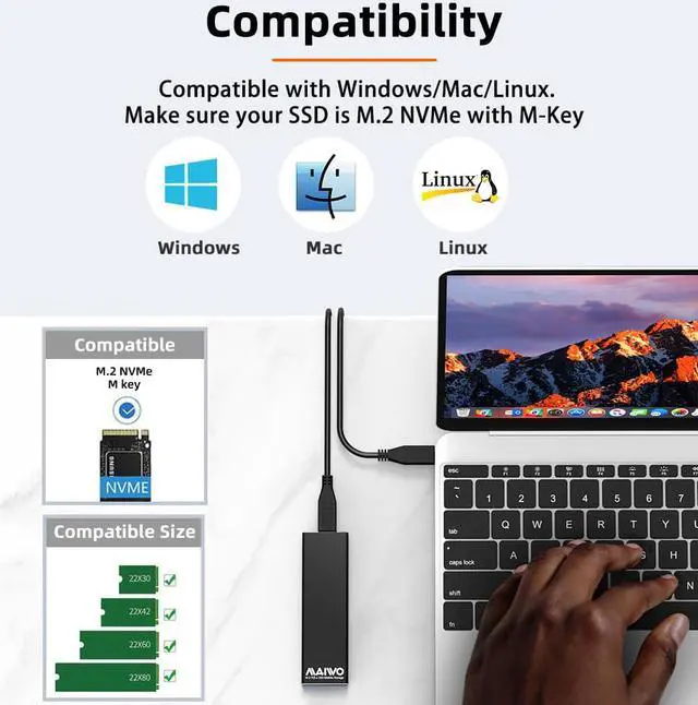 Alt view image 2 of 7 - MAIWO M.2 NVMe SSD Enclosure Type C USB to M Key NVMe M.2 SSD Adapter Enclosure with Aluminum Case, Transmission Speed Max 10Gbps, Support UASP&Trim, for PCIe M.2 NVMe SSD Size 2230,2242,2260,2280