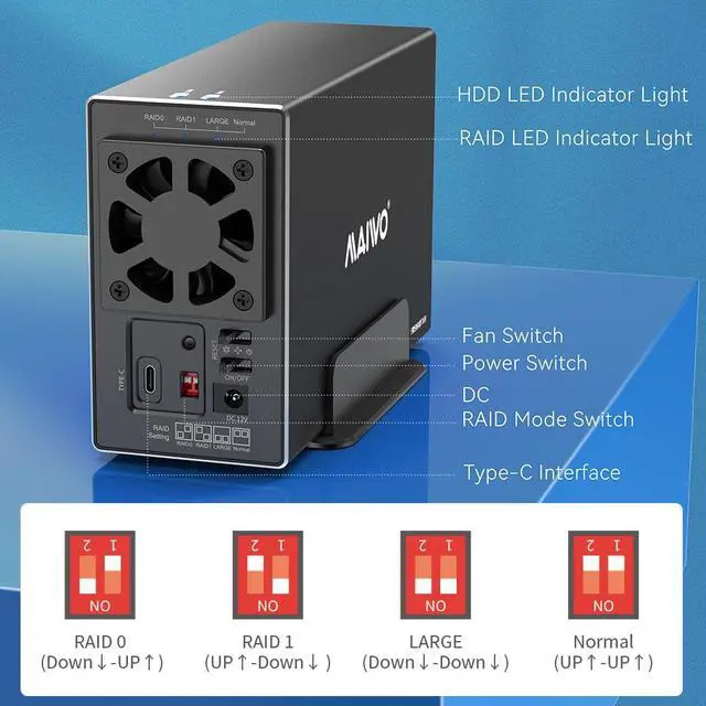 Alt view image 6 of 7 - MAIWO 2 Bay 3.5 inch SATA External RAID Enclosure for Data Backup Storage, 10Gbps Dual Bay Hard Drive Docking Station to USB3.1 Type-C, Max 36TB Capacity Support RAID 0 /1 /Large(JBOD) /Normal Mode