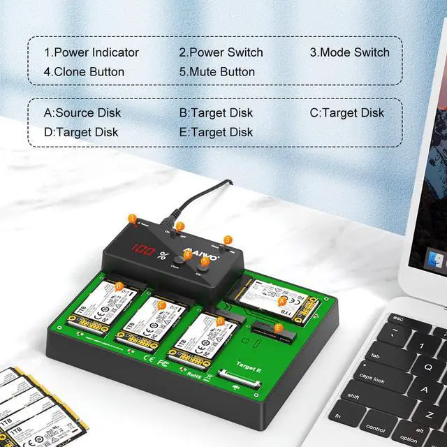 Alt view image 4 of 7 - MAIWO 5 Bay mSATA Hard Drive Duplicator Dock, 5Gbps Transfer Rate, USB3.0 to Mini SATA SSD Docking Station Cloner, with Clone Progress Digital Indicator, Support 1TB*5 Capacity