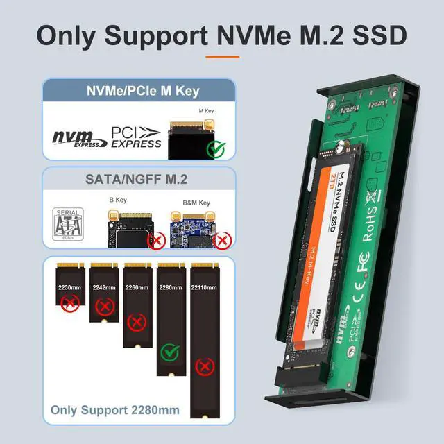 Alt view image 2 of 7 - MAIWO M.2 NVMe SSD Enclosure, USB 3.2 Gen 2 (20 Gbps) to NVMe PCI-E M.2 SSD, Support UASP for NVMe SSD Size 2230/2242/2260/2280(up to 2TB), Type-C to NVME PCI-E M-Key Aluminum External Case Reader