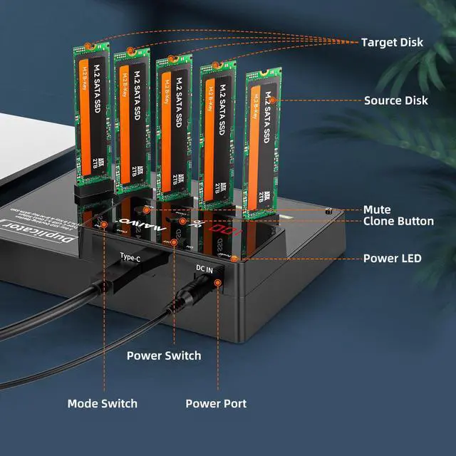 Alt view image 5 of 6 - MAIWO M.2 SATA SSD Duplicator, 5 Bay External Hard Drive Docking Station for M.2 SATA B Key Solid State Drive, USB 3.0 to SATA M.2 SSD Dock, 1 to 4 Offline Cloner, 5Gpbs Transmission Speed
