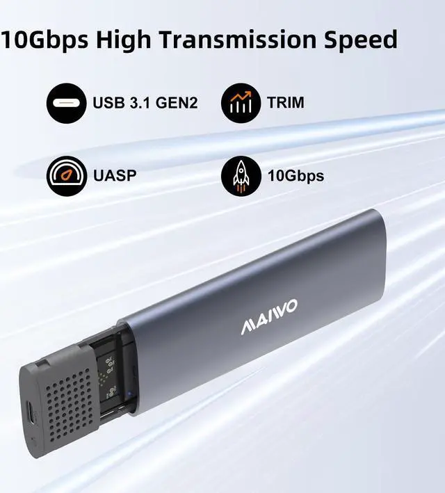Alt view image 2 of 7 - MAIWO M.2 NVMe SSD Enclosure, USB 3.1 GEN2 10Gbps Support UASP Trim, 4TB Capacity, Tool Free M.2 NVMe PCIe SSD to USB-C Adapter Reader Case, Supports 2230/2242/2260/2280 PCIe M-Key SSDs