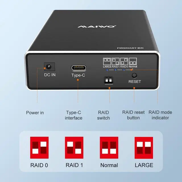 Alt view image 5 of 7 - MAIWO Dual Bay USB3.1 Gen 2 USB Type C to SATA External Hard Drive Enclosure for 2.5 inch HDD/SSD Max 12TB (2 x 6TB SSD) Aluminum Alloy 2.5" SATA RAID Case Enclosure Support RAID 0/1/Large/Normal Mode