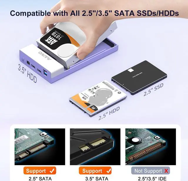 Alt view image 2 of 7 - MAIWO External Hard Drive Enclosure for 3.5 2.5 Inch SATA SSD HDD with USB Hub Function, Type C to SATA III  Adapter Case Up to 20TB Capacity, Support UASP,Compatible with Seagate Samsung Xbox,Purple