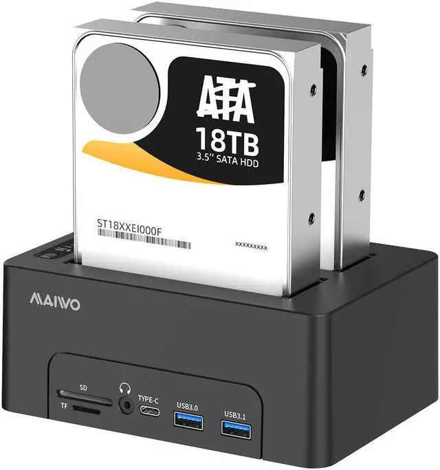Main image of MAIWO Dual Bay 2.5 3.5 SATA HDD SSD Enclosure Duplicator Off-line Cloner, USB-C Docking Station USB 3.1 Laptop Dock, with HDTV Port/4 USB Hub/Gigabit Ethernet/3.5mm Audio/BT5.0, SD TF Card Slot