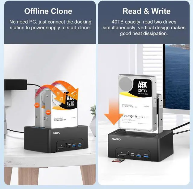 Alt view image 4 of 6 - MAIWO Dual Bay 2.5 3.5 SATA HDD SSD Enclosure Duplicator Off-line Cloner, USB-C Docking Station USB 3.1 Laptop Dock, with HDTV Port/4 USB Hub/Gigabit Ethernet/3.5mm Audio/BT5.0, SD TF Card Slot