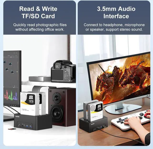 Alt view image 5 of 6 - MAIWO Dual Bay 2.5 3.5 SATA HDD SSD Enclosure Duplicator Off-line Cloner, USB-C Docking Station USB 3.1 Laptop Dock, with HDTV Port/4 USB Hub/Gigabit Ethernet/3.5mm Audio/BT5.0, SD TF Card Slot