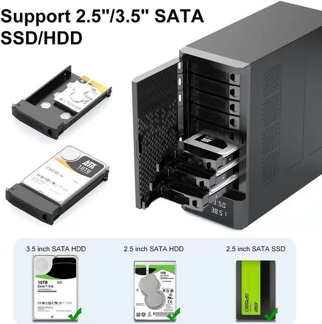 Alt view image 6 of 7 - MAIWO 8 Bay SATA Hard Drive Enclosure for 2.5" 3.5" HDD SSD with Build-in Fan & Smart Temperature System, Tool-Free Aluminum HDD Docking Station for Business Data Backup and Expansion Max up 128TB