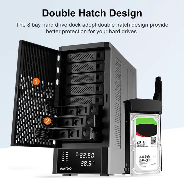 Alt view image 5 of 7 - MAIWO 8 Bay SATA Hard Drive Enclosure for 2.5" 3.5" HDD SSD with Build-in Fan & Smart Temperature System, Tool-Free Aluminum HDD Docking Station for Business Data Backup and Expansion Max up 128TB