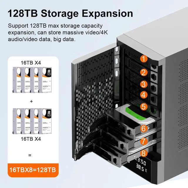Alt view image 8 of 7 - MAIWO 8 Bay SATA Hard Drive Enclosure for 2.5" 3.5" HDD SSD with Build-in Fan & Smart Temperature System, Tool-Free Aluminum HDD Docking Station for Business Data Backup and Expansion Max up 128TB