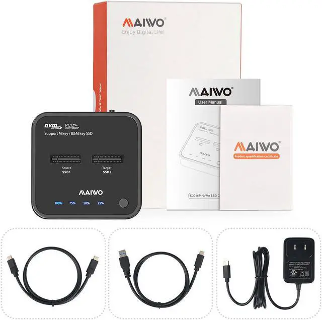 Alt view image 7 of 7 - MAIWO M.2 Duplicator Cloner Dual-bay Offline NVMe Docking Station USB C to NVMe SSD Enclosure Aluminum M.2 Dock for PCIe M Key and M&B Key 2230/2242/2260/2280/22110mm Max 8TB 10Gbps